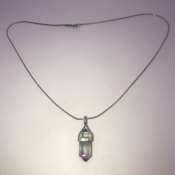 VTG Sterling & Purple Green Fluorite Crystal Stone Pendant & Chain 16” & 1.2” - Picture 4 of 9